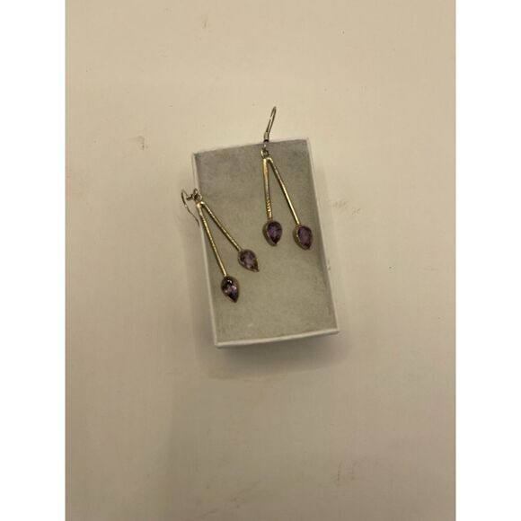 NWOT Amethyst‎ Silver Double Stone Drop Earrings - Picture 4 of 4